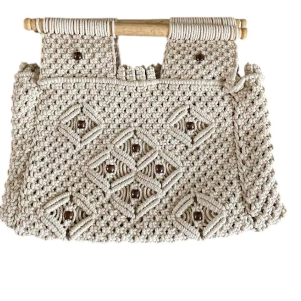 Macrame Purse with Wooden Handles Natural Granny Boho Artsy